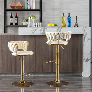 Set of 2 Modern <b>Bar</b> <b>Stools</b> Chrome Metal Base Swivel Height <b>Adjustable</b> Velvet Seat with Golden Legs Dining/Living Room PU Leather - Product Image 1