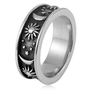 yunnique Sun Moon Stars <b>Titanium</b> Steel <b>Ring</b> Men's Fashion Jewelry Gift Stainless Steel Band Geometric Design Retro Style - Product Image 1