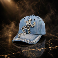 Cappellino da Baseball in Denim Personalizzato all'Ingrosso con Applicazione Serpente di Perle, Rivetti e Pietre Sparse, 6 Pannelli, Visiera Curva - Fornitore OEM ODM, Nuovo Arrivo, Disponibile in Stock