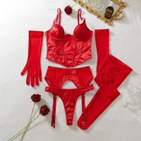 Luxe rode satijnen korset lingerie 5-delige set push-up bustier kousenband kousen lange handschoenen intieme erotische lingerie outfits