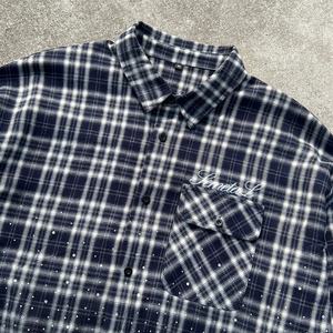 Camiseta Vintage Estampada a Cuadros con Botones, Camiseta Oversize con Pedrería y Lavado Ácido, 100% Algodón, Camisas de Manga Larga para Hombre Tallas Grandes - Product Image 4