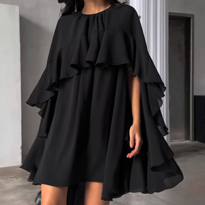 <span class=keywords><strong>Abito</strong></span> Elegante <span class=keywords><strong>Nero</strong></span> da Donna VV 2026 Primavera Vintage <span class=keywords><strong>con</strong></span> <span class=keywords><strong>Balze</strong></span> Stratificate, Orlo a Foglia di Loto e Maniche a Tre Quarti Stile Mantella - Product Image 6