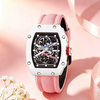 Reloj de Cuarzo Unisex de Moda Juvenil, Diseño Tonneau, Combinación de Colores Rosa y Blanco, Esfera Hueca de 47 mm, Correa de Nailon Suave, Reloj de Cuarzo para Hombre