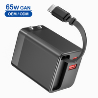 Chargeur de voyage OEM/ ODM 65W 2 ports USB A + C avec câble rétractable de type C PD QC 3.0 Adaptateur secteur à charge rapide pour iPhone