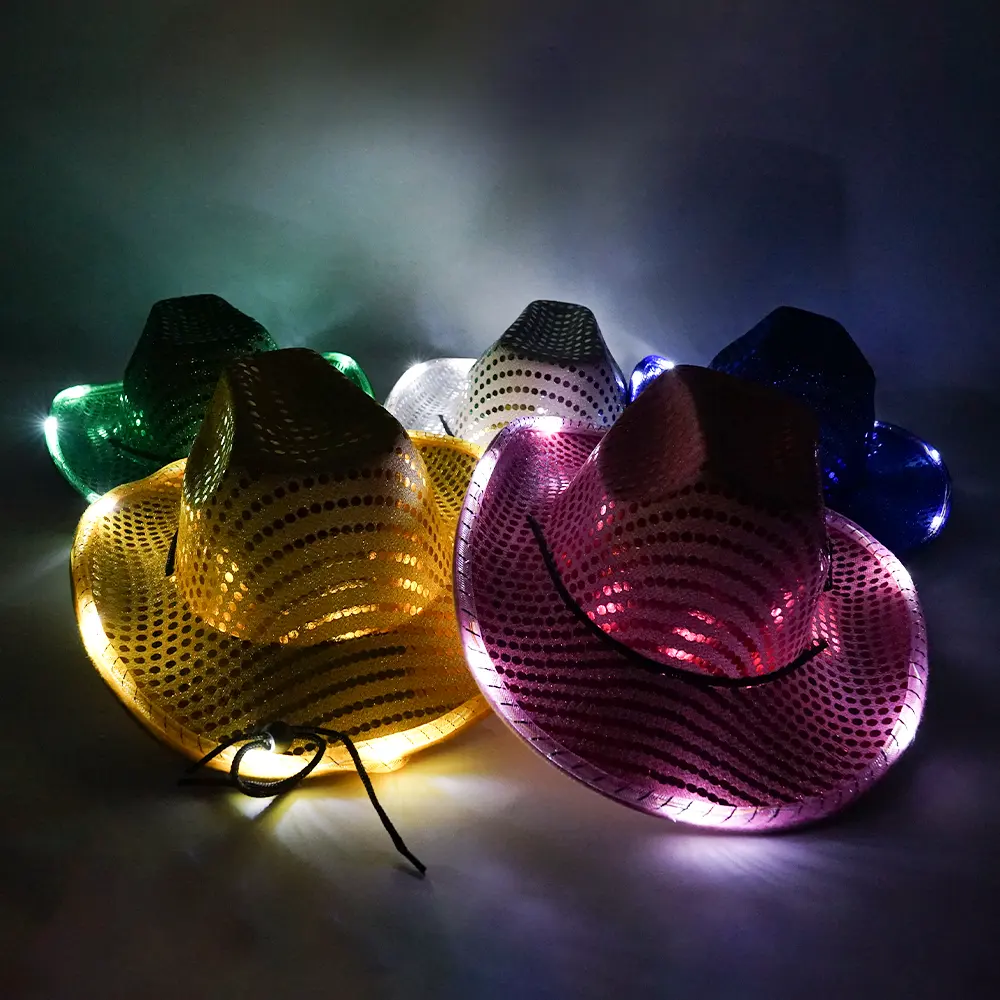 Lights Cowboy Cowgirl LED Caps Sparkly Glitter LED Cowboy Light Hats for Party Disco Cowgirl Hat