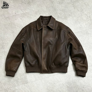 Full Zip up Turn Down Neck Vintage Casual Long Sleeve Oversized Baggy <strong>Brown</strong> <strong>Leather</strong> <strong>Jacket</strong> Boxy Bomber Pu <strong>Leather</strong> <strong>Jacket</strong> - Product Image 1