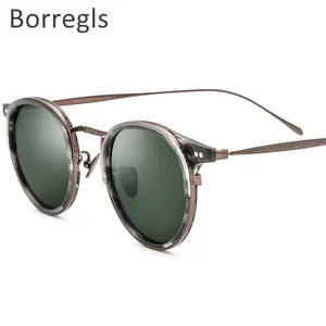 Borregls 편광 선글라스 남자 클래식 아세테이트 티타늄 빈티지 라운드 선글라스 100% UV400 1850