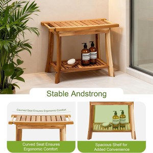 Tabouret de douche en bois massif avec barre porte-serviettes et étagère de rangement 35,6x59,9x45,5 cm, imperméable, résistant à l'humidité, antidérapant - Product Image 5