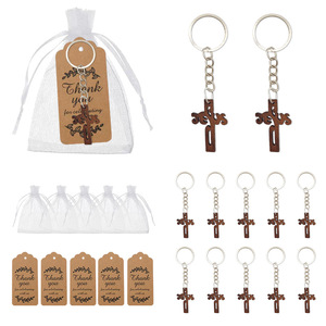 Wooden Plaque Cross Keychain Party Gift Kraft Paper Tags Organza Bags Baptism Gifts Thank You Tag