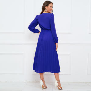 Dernières robes de carrière Vintage Corporate Office pour dames a-ligne formelle col en V à manches longues plissé robe mi-<span class=keywords><strong>longue</strong></span> <span class=keywords><strong>2023</strong></span> - Product Image 4