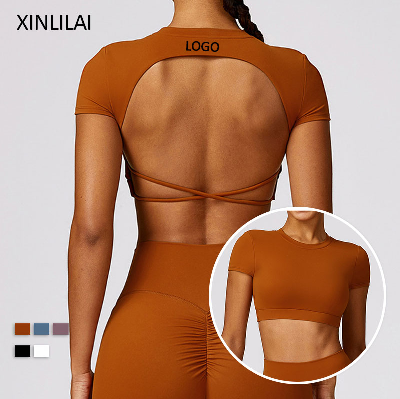 Round Neck Workout Clothes High Impact Backless Yoga Top Women Removable Padded Short Sleeve Fitness Crop Top