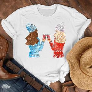 Vendita diretta della fabbrica estate Vintage retrò <span class=keywords><strong>donna</strong></span> O-College oversize <span class=keywords><strong>t</strong></span>-<span class=keywords><strong>shirt</strong></span> tema natalizio stampato con decorazione a bottone - Product Image 4