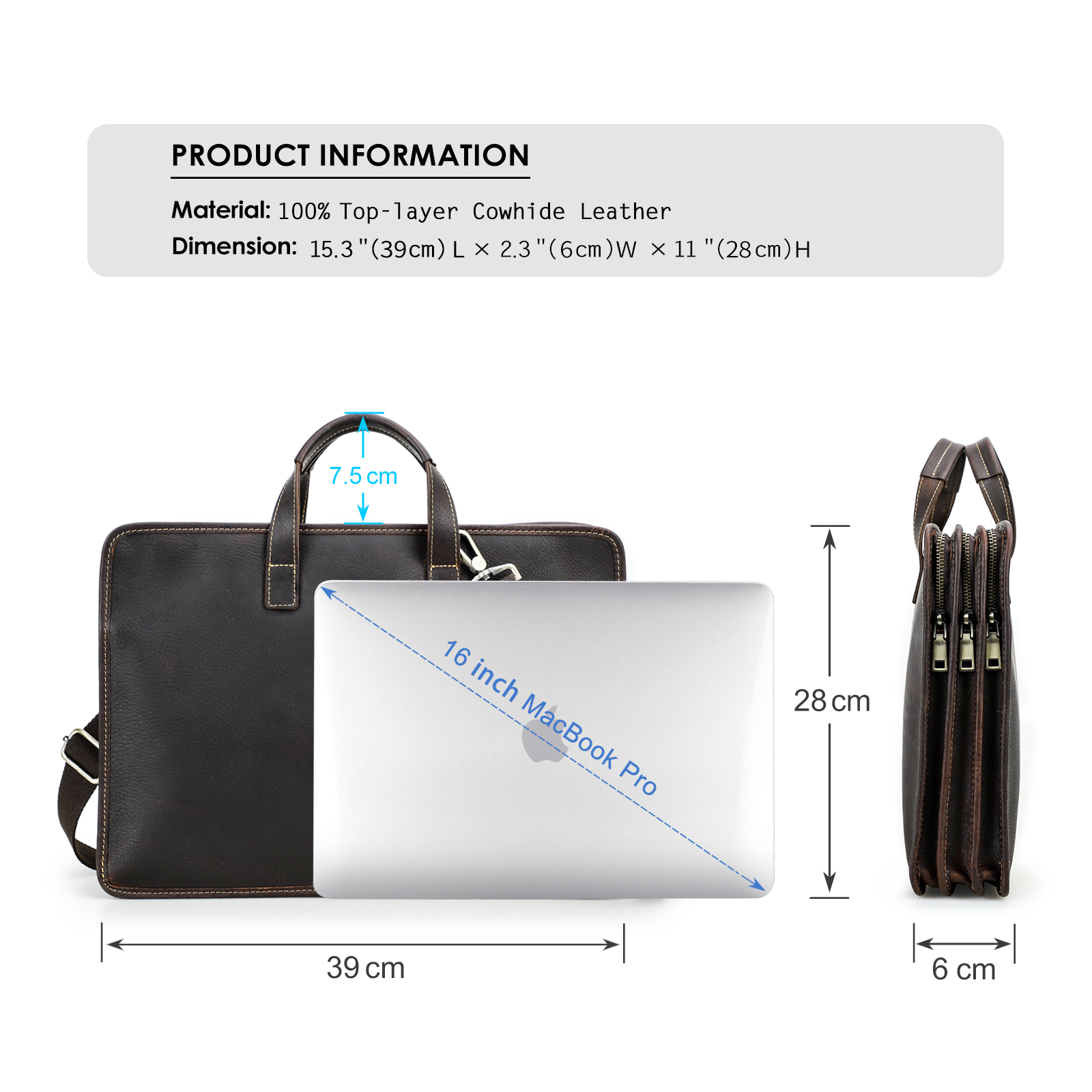 Men’s 16-Inch Genuine Leather Laptop Messenger Briefcase – Multi-Zipper Office Business Bag - View 2