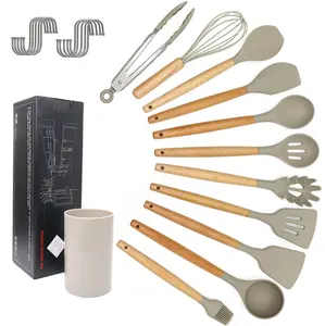 11 Pieces Wooden Handle Silicone Kitchen Utensils Set With Holder