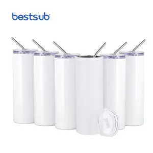 BestSub — gobelet droit et vierge en acier inoxydable, tasse à Double paroi isolée, pour Sublimation, transfert de chaleur, 600ml, slim, avec paille