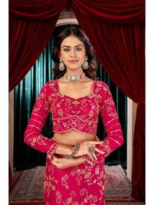 Elegant Celebration Fandy <b>Satin</b> Saree Set with Intricate Heavy Bead Embroidery Designer <b>Blouse</b> Included for Traditional Wedding - Product Image 4