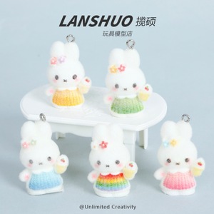 Flocked Cartoon Rabbit Miniature 3D Keychain Pendant Plastic Resin <b>Car</b> Interior <b>Decor</b> DIY Jewelry Set - Product Image 3