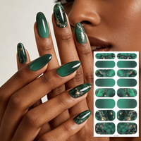 Strip Kuku Palsu Motif Marmer Hijau Tua Teal dengan Urat Emas Gaya Ink Wash Tahan Air Tahan Lama untuk DIY Fashion