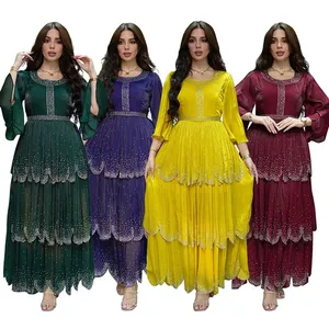 Шикарное мусульманское платье с прозрачным слоем CY500141, абайя, одежда Дубая, плиссированные платья со стразами и широким рукавом и широким подолом