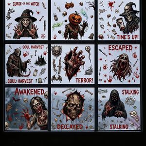 Set de Adhesivos Decorativos para Ventanas de Halloween con Diseño de Bruja, Zombi y Hombre de las Fosas con Texto Sangriento para Decoración de Casas Encantadas - Product Image 2