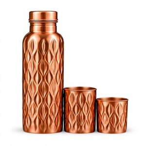 Aesthetic Handmade Copper Water Bottle Set with <b>2</b> <b>Cups</b> Glossy Leaf Grid <b>Flask</b> with Lid Portable Travel Drinkware - Product Image 1