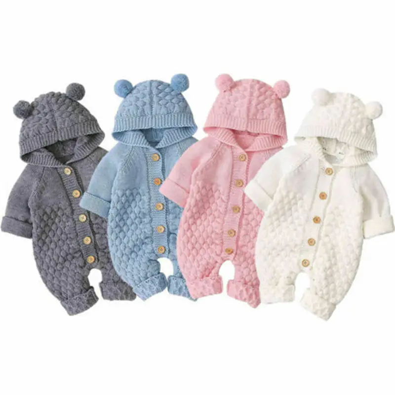 Newborn Baby Hot Sale Knitted Jumpsuit Romper Baby Girl Boy Winter Warm Coat Knit Outwear Hooded Jumpsuit
