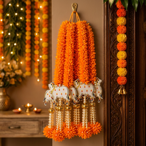 Guirlande murale traditionnelle de Diwali avec motif de vache en papier, guirlande de fleurs de souci orange, pompons, décoration d'entrée intérieure - Product Image 1