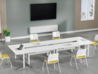 Mesa de Entrenamiento Moderna Plegable y Ajustable con Ruedas Ocultas - Panel Metálico MFC Flotante para Oficinas y Espacios Comerciales; Fácil de Plegar y Apilar