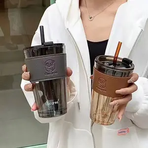 custom Leather cup cover logo 350ml 450ml amber grey drinking tumbler borosilicate glass mug cup with straw and glass lid