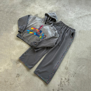 Custom Boxy Fit Oversized 100% Cotton French Terry Vintage Acid Wash Gem Decoration Zip Up Hoodie And Sweatpants Set For Men - Product Image 3