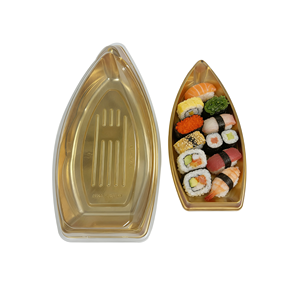 Contenedor de Sushi Dorado de Plástico al por Mayor, Envase Desechable de PET de Grado Alimenticio con Forma de Barco para Restaurantes Asiáticos, Caja de Embalaje para Sushi con Tapa Transparente - Product Image 3