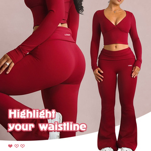 Custom Foldover Waist Yoga Pants Set Long Sleeve Cropped Top <strong>Flared</strong> <strong>Leggings</strong> Two Piece Gym Workout Wear for <strong>Women</strong> - Product Image 2