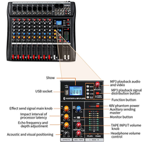 Console de mixage audio professionnelle 8 canaux avec lecteur MP3 USB, alimentation fantôme 48V, mixage sonore DJ pour scène, studio, DJ, streaming