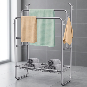 Porte-serviettes de salle de bain moderne à 3 niveaux en métal, étagère de rangement multifonctionnelle sur pied, finition noire pour la maison - Product Image 3