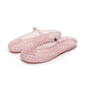 Brown PVC Flat Sandals With Mesh Design <b>Slip</b>-On Closed Toe Summer Breathable <b>Shoes</b> - Product Image 1