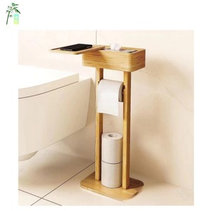 Bamboo Floor Standing Toilet <b>Paper</b> Holder With Storage Shelf Minimalist Design Bathroom Organizer - Product Image 3