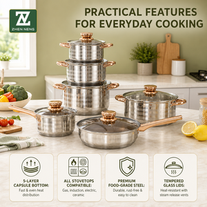 Ensemble de casseroles en acier inoxydable Zhenneng 12 pièces, compatible induction et gaz, pour la cuisine, avec couvercles - Product Image 3