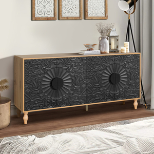 Black Carved Symmetrical Design <b>Door</b> Wood Coloured Frame Tv <b>Stand</b> Living Room Entryway - Product Image 3