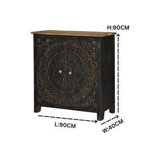 Hand-Carved Mandala Wooden Accent Cabinet – 2-Door Rustic Storage Sideboard & Entryway <b>Console</b> Table, Distressed <b>Black</b> & Gold - Product Image 4