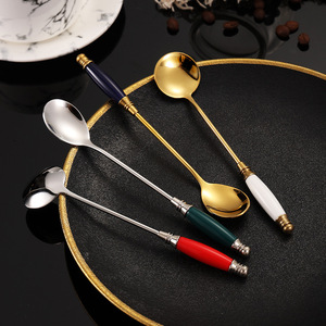 Cuchara Única <span class=keywords><strong>de</strong></span> Acero Inoxidable con Mango <span class=keywords><strong>de</strong></span> Cerámica, Agitador <span class=keywords><strong>de</strong></span> Postre Chapado en Titanio, Mini Cuchara <span class=keywords><strong>de</strong></span> Miel con Mango Largo, Cucharillas para Té - Product Image 3