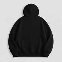 Sudadera con capucha negra de algodón grueso con cremallera completa, logotipo personalizado, hombros caídos, estilo oversize, bolsillo canguro y puños acanalados.