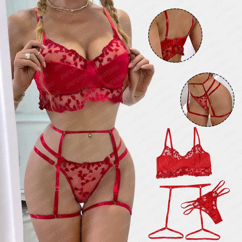Hight Quality Premium 3 Piece Women Exquisite Red Lingerie Set Sexy Woman Suspender Bralette Embroidery Lingeries With Lace Trim
