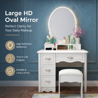 Coiffeuse moderne en MDF blanc avec miroir ovale éclairé, 4 tiroirs, élégante table de maquillage pour chambre à coucher avec rangement, modèle 921D