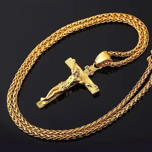 Religieux Jésus Croix Collier Hommes Mode Or Couleur Croix Pendentif avec Chaîne