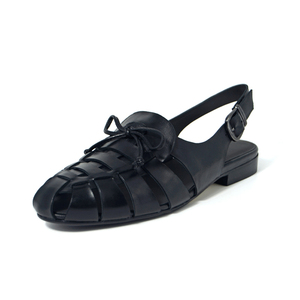 <span class=keywords><strong>Sandales</strong></span> Huarache en cuir tissé noir respirant avec logo personnalisé pour femmes, bout rond fermé, boucle à nœud papillon, chaussures plates d'été - Product Image 1