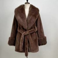 Damen Umweltfreundlicher Eleganter Kunstpelzmantel mit Kunstfellkragen Winter Langarm Peplum Parka Mantel mit Gürtel