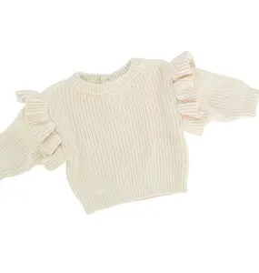 Custom Little Girls Chunky Knit Frill Sweaters Drop shoulder Hand Knitted Pullover Sweaters Jumper Infant Baby Cotton Knit Wear