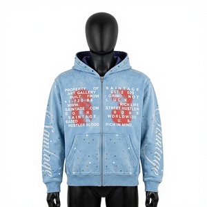 Custom Y2K Streetwear Rhinestone Zip Hoodie Men Heavyweight Washed <b>Blue</b> Solid Graphic Acid Wash Regular Fit High Quality Fleece - Product Image 1