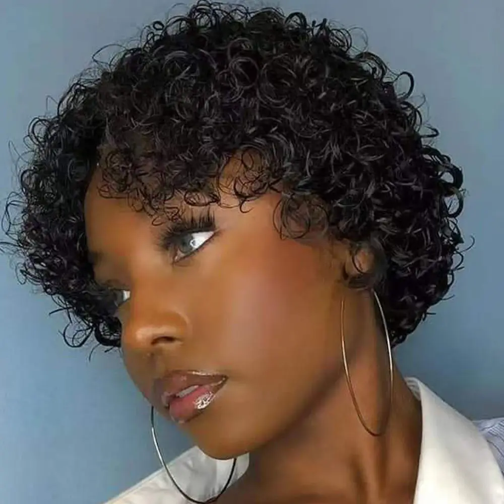 Short Curly Wigs Bouncy Hair Natural Wave Brazilian Hair PIXIE Cut Cheap Machine Made Human Hair Wig With Bangs for Black Women