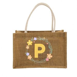 Sac fourre-tout réutilisable en toile de jute naturelle avec impression personnalisée de lettres florales pour cadeaux, shopping, mariage - Product Image 1